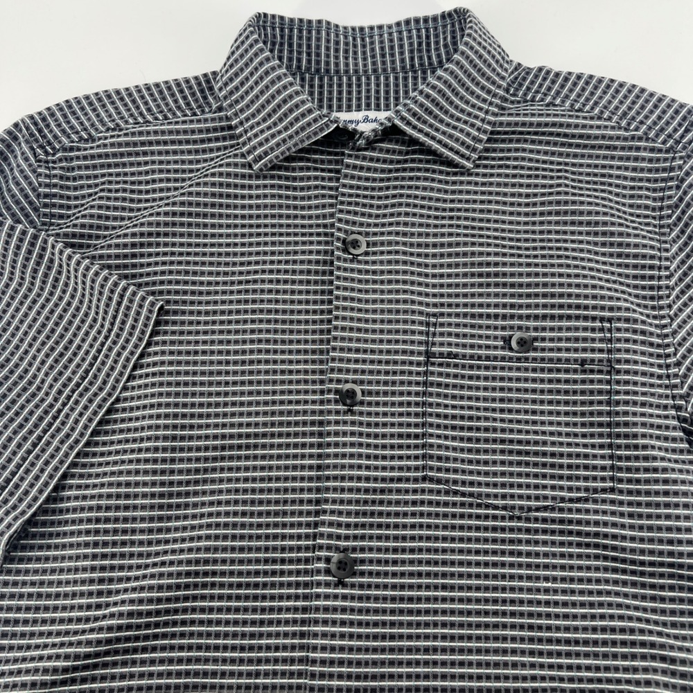 Tommy Bahama Mens Small Silk Cotton Short Sleeve Button Down Shirt Black Grey